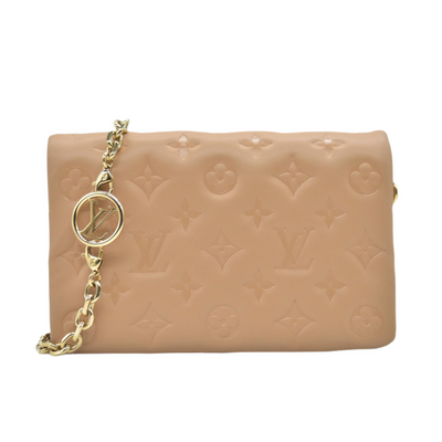 $3150 Louis Vuitton Lambskin Embossed Monogram Pochette Coussin Camel Color Transfer