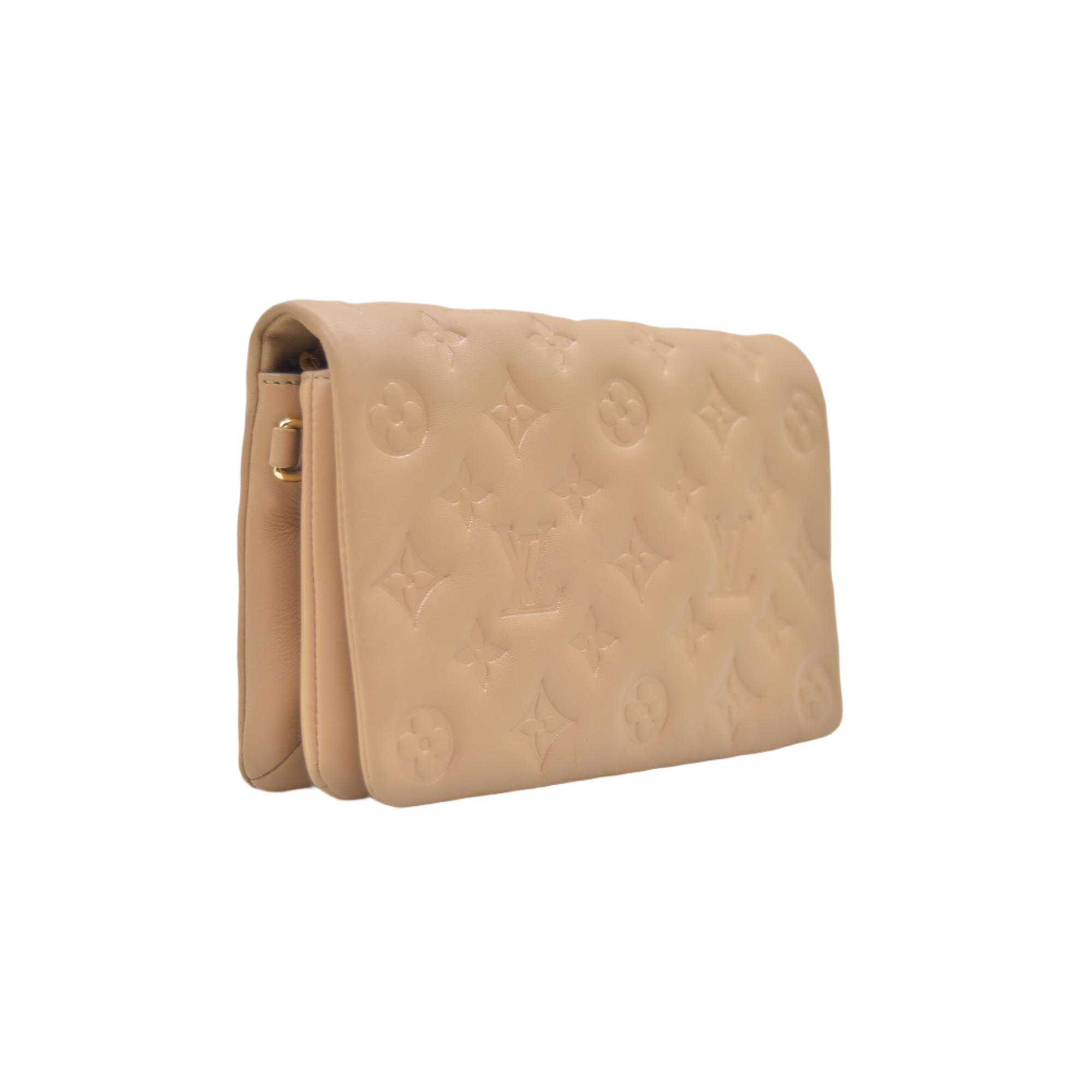 $3150 Louis Vuitton Lambskin Embossed Monogram Pochette Coussin Camel Color Transfer
