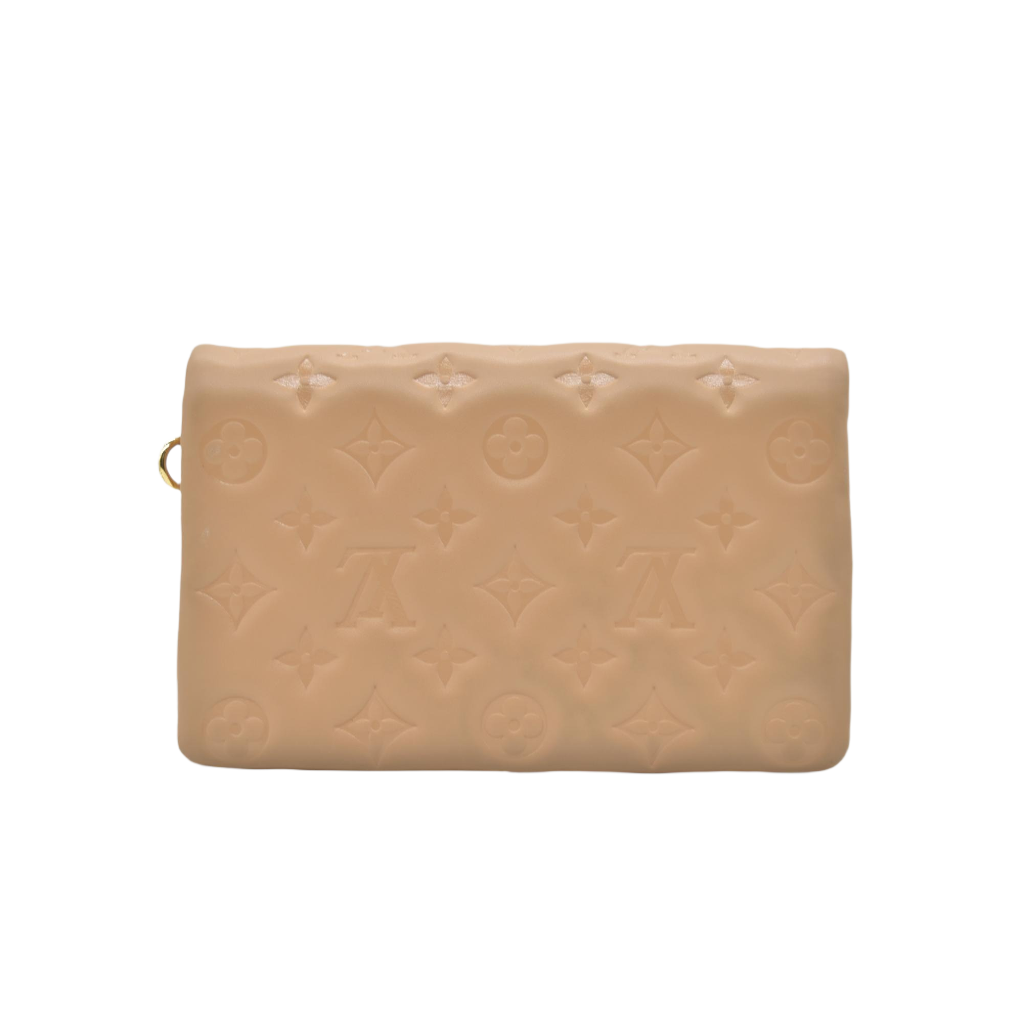 $3150 Louis Vuitton Lambskin Embossed Monogram Pochette Coussin Camel Color Transfer