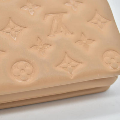 $3150 Louis Vuitton Lambskin Embossed Monogram Pochette Coussin Camel Color Transfer