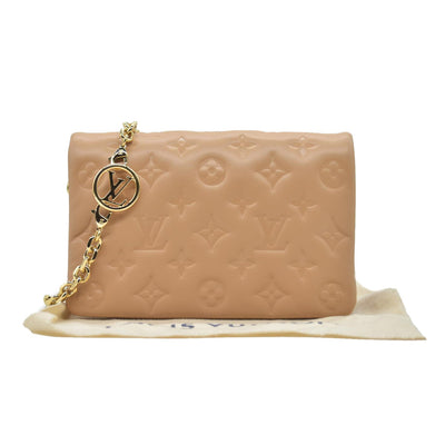 $3150 Louis Vuitton Lambskin Embossed Monogram Pochette Coussin Camel