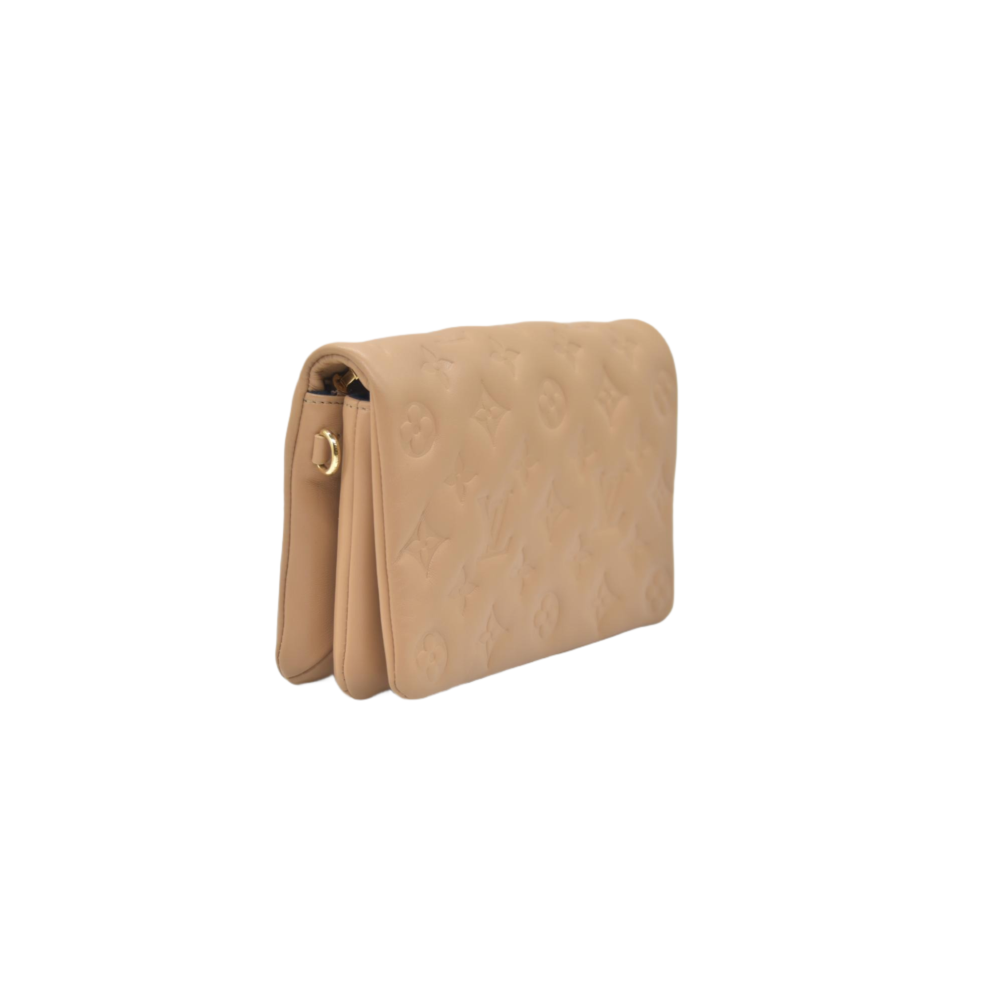 $3150 Louis Vuitton Lambskin Embossed Monogram Pochette Coussin Camel