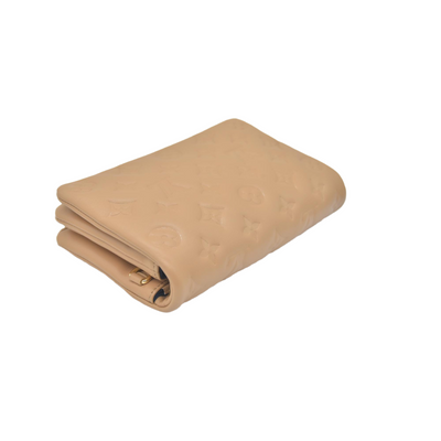 $3150 Louis Vuitton Lambskin Embossed Monogram Pochette Coussin Camel