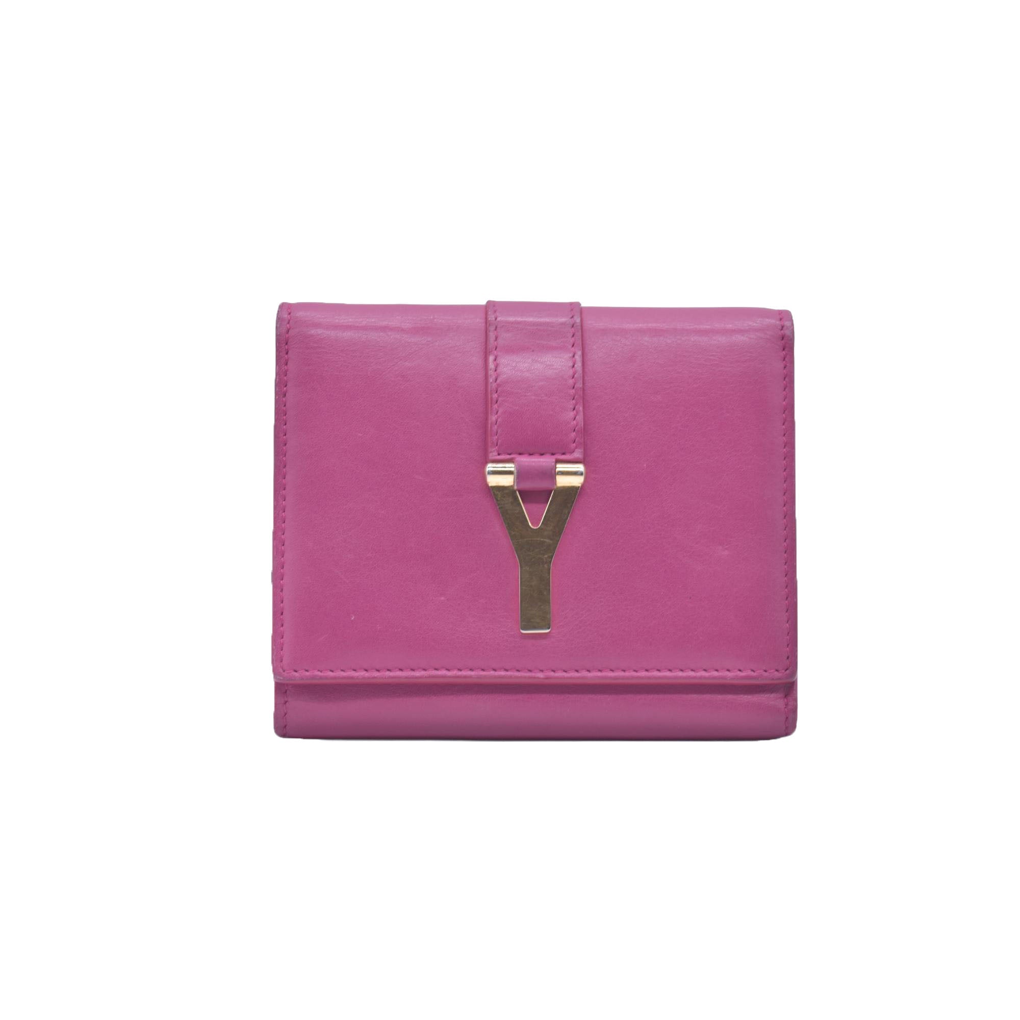 $400 Saint Laurent Classic Y Compact Trifold Wallet Fuchsia CONSIGNMENT