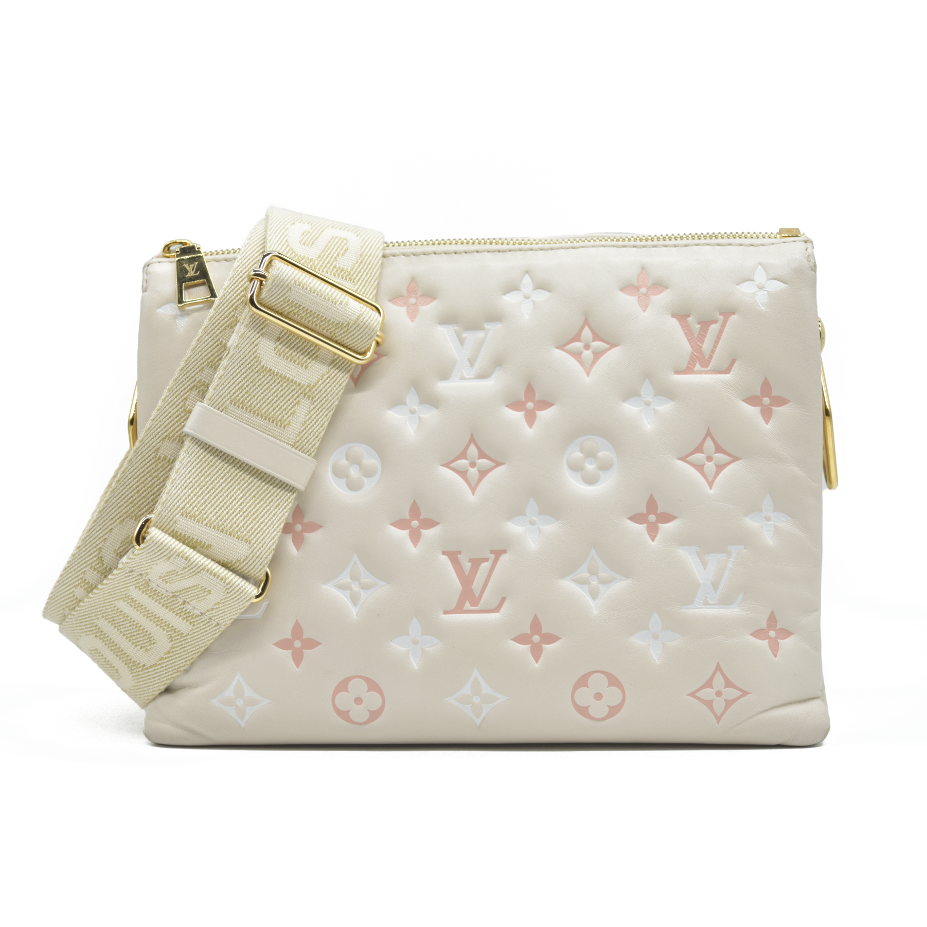 $5100 Louis Vuitton Lambskin Embossed Monogram Coussin PM Natural Creme 2023