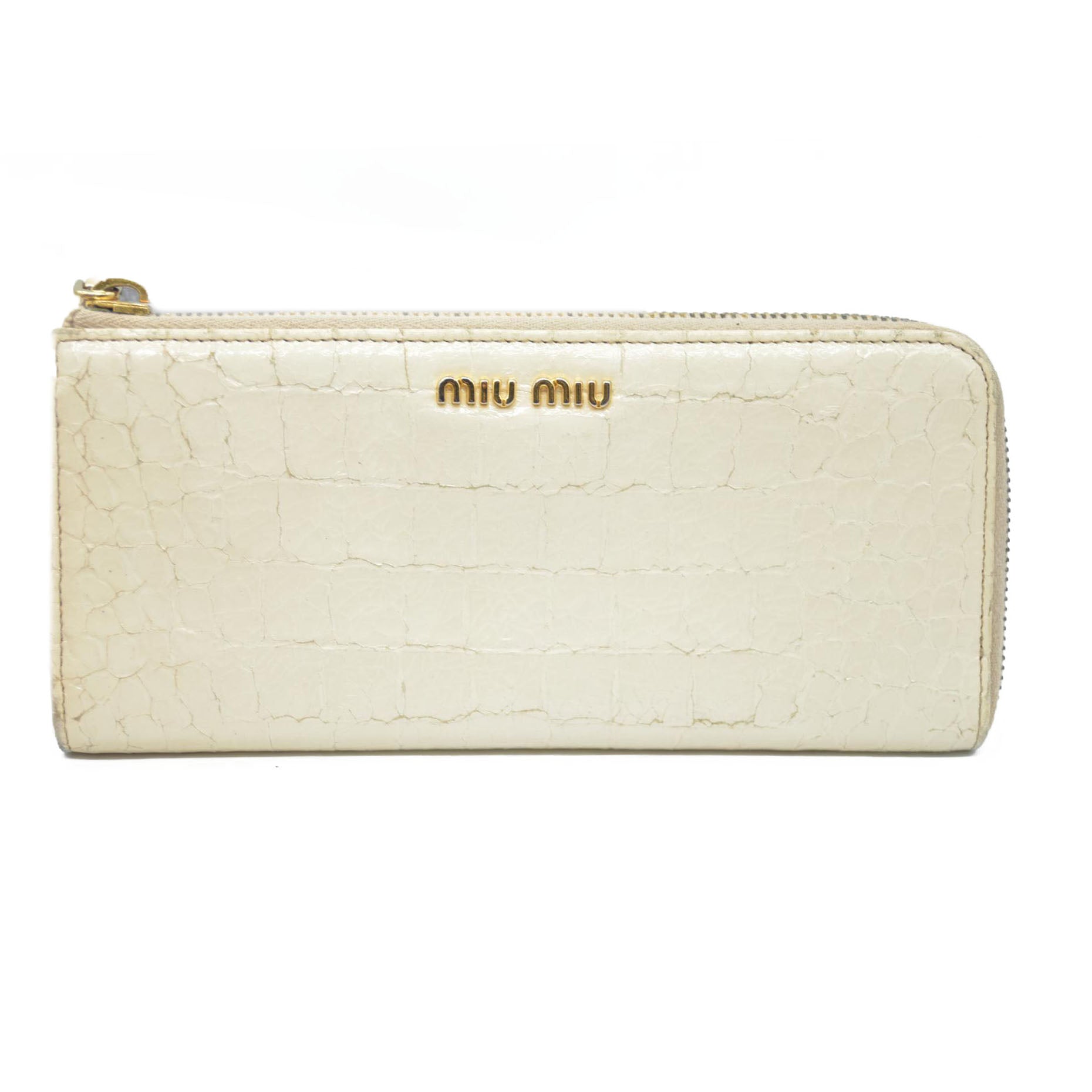MIU MIU Logo Embossed Leather Zippy Long Wallet White