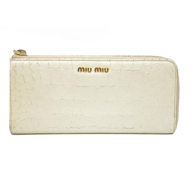 MIU MIU Logo Embossed Leather Zippy Long Wallet White
