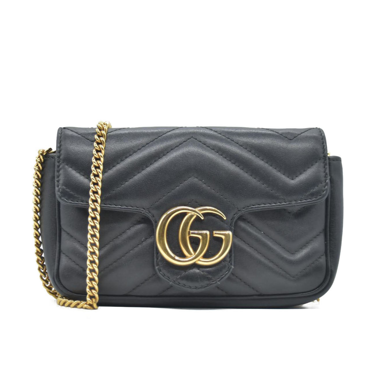 $1650 Gucci Calfskin Matelasse Super Mini GG Marmont Shoulder Bag Black CONSIGNMENT