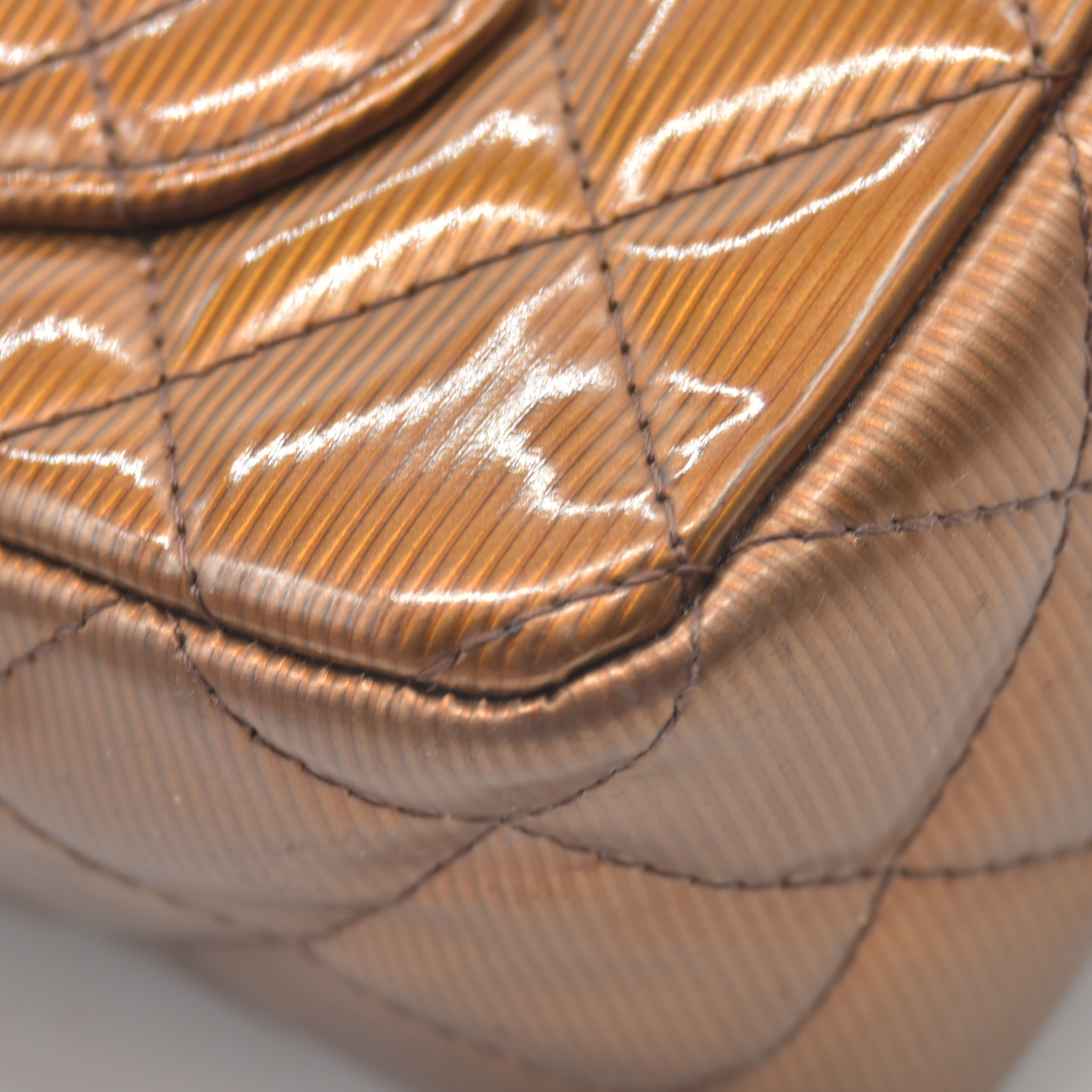 $5200 2013 Chanel Patent Calfskin Quilted Mini Rectangular Flap Bronze Metallic