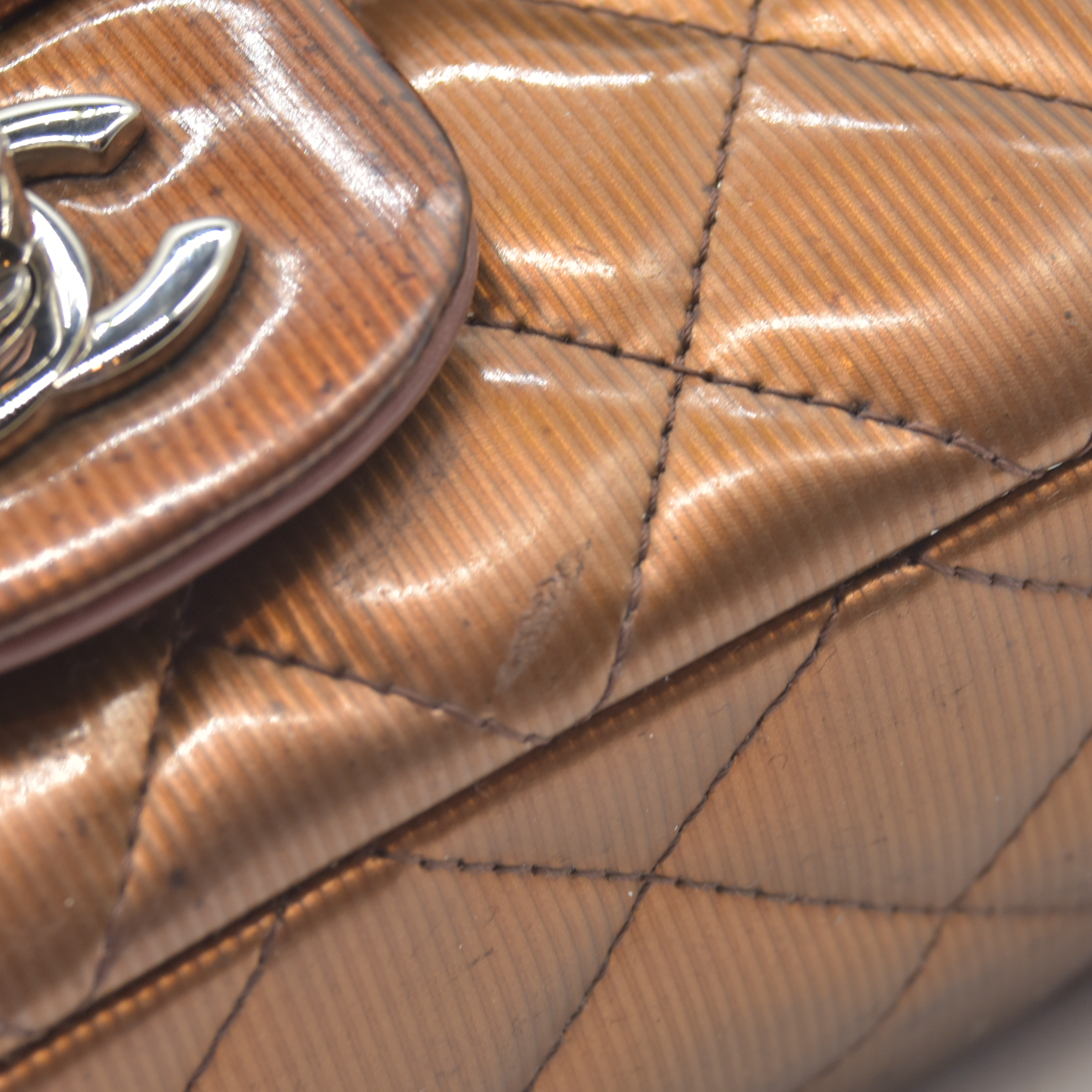 $5200 2013 Chanel Patent Calfskin Quilted Mini Rectangular Flap Bronze Metallic