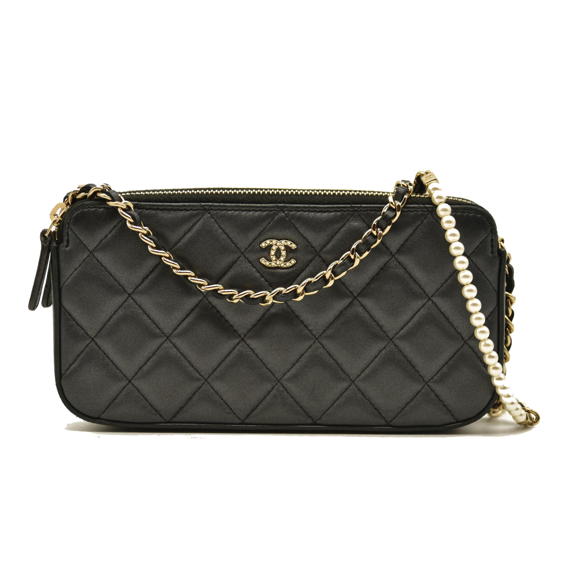 Chanel Iridescent Lambskin Quilted Pearl Clutch With Chain Black 29*