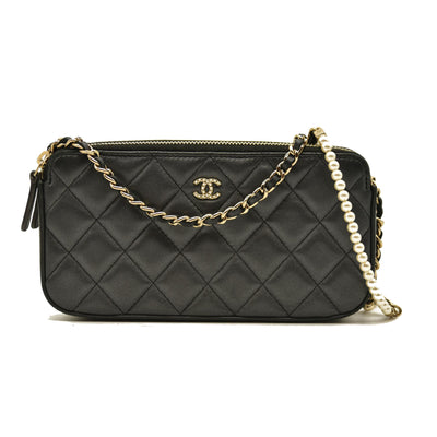 Chanel Iridescent Lambskin Quilted Pearl Clutch With Chain Black 29*