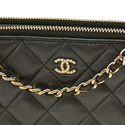Chanel Iridescent Lambskin Quilted Pearl Clutch With Chain Black 29*