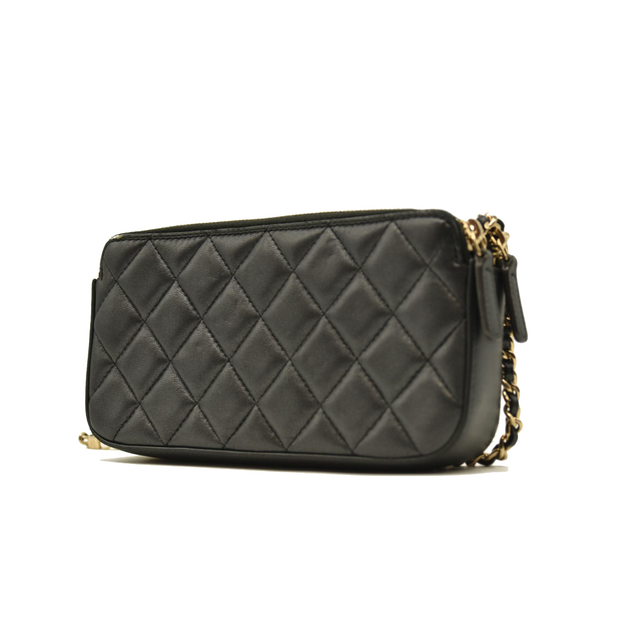 Chanel Iridescent Lambskin Quilted Pearl Clutch With Chain Black 29*
