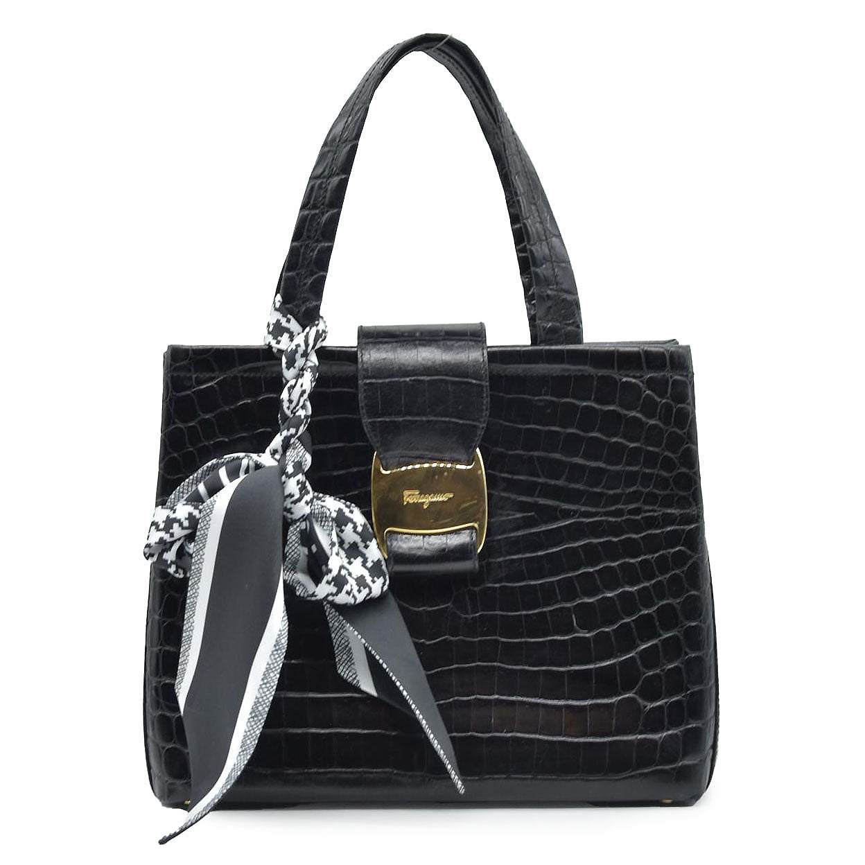 $1200 Salvatore Ferragamo Vara Embossed Leather Shoulder Bag in Black CONSIGNMENT