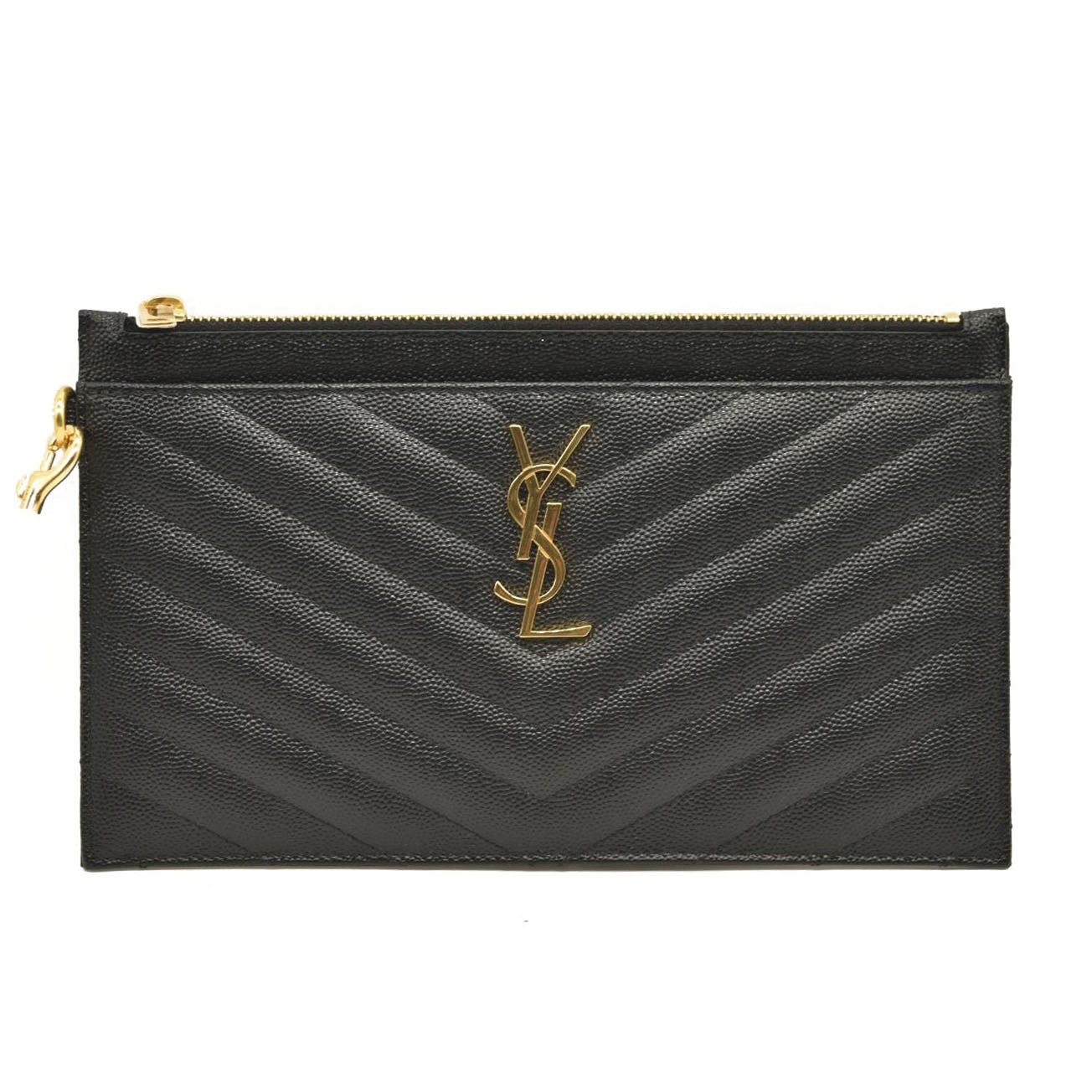 SAINT LAURENT Grain De Poudre Chevron Monogram Large Bill Pouch Black