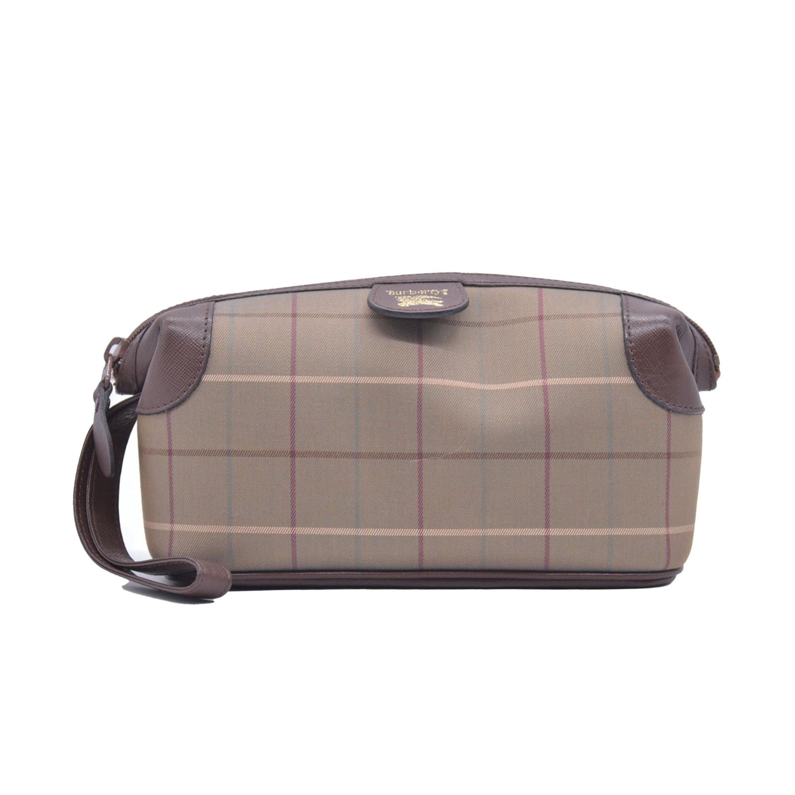 $650 BURBERRYS Coated Canvas Nova Check Wristlet Pouch Dark Brown CONSIGNMENT 10021185