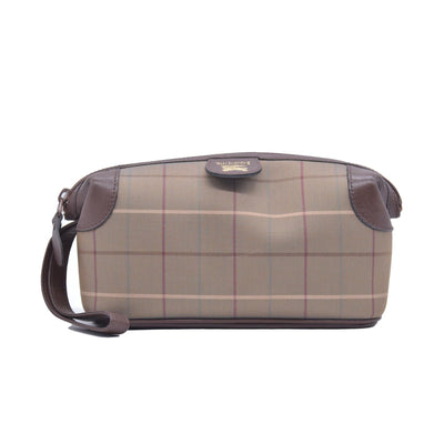 $650 BURBERRYS Coated Canvas Nova Check Wristlet Pouch Dark Brown CONSIGNMENT 10021185