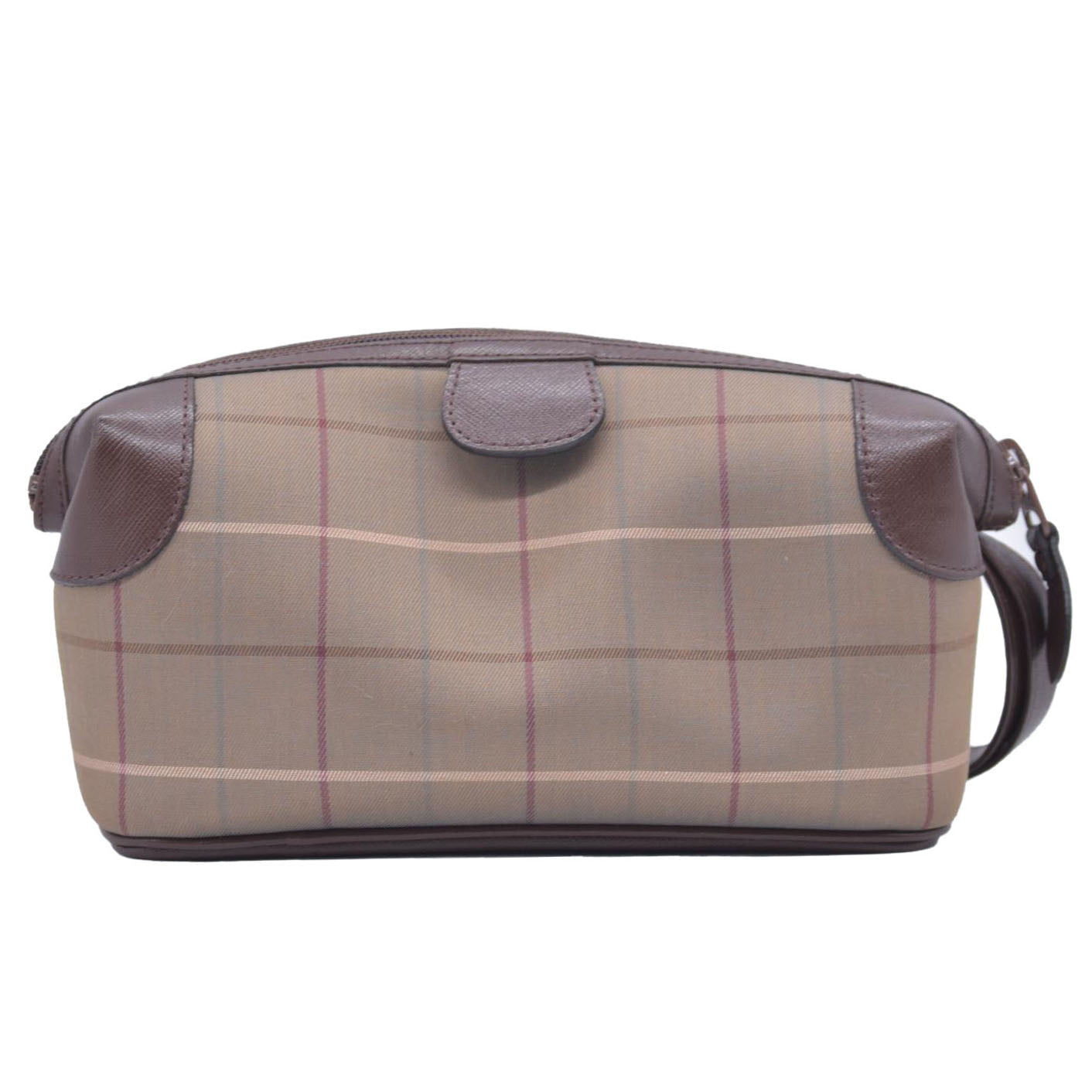 $650 BURBERRYS Coated Canvas Nova Check Wristlet Pouch Dark Brown CONSIGNMENT 10021185