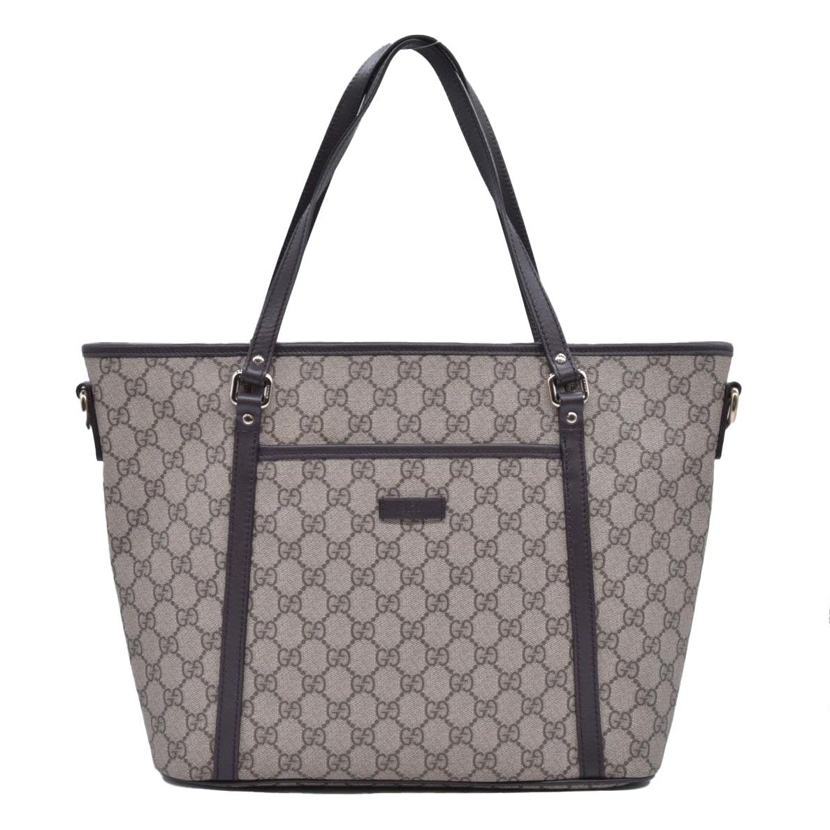 $1350 Gucci GG Supreme Monogram Medium Zippered Tote Dark Brown CONSIGNMENT 10021244