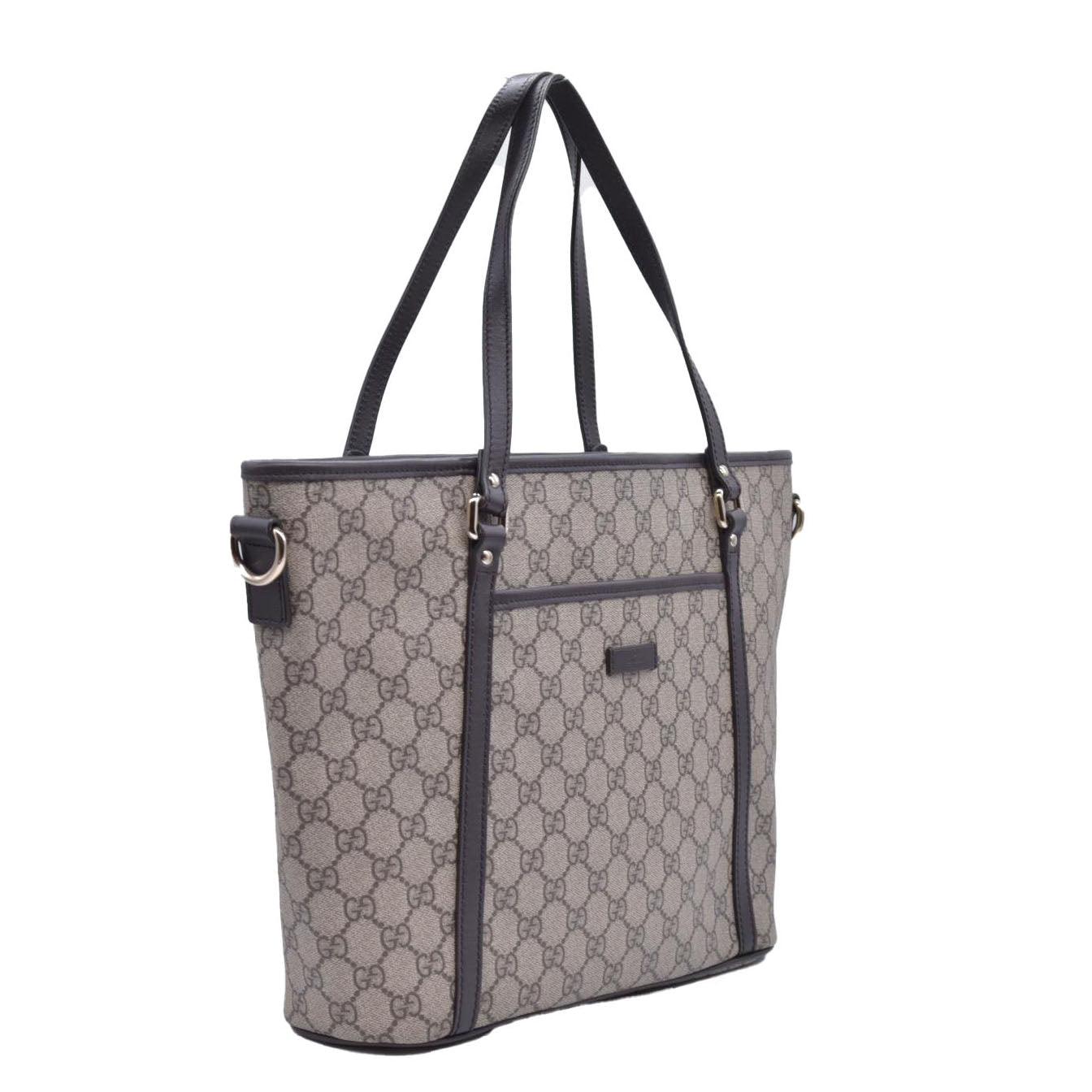 $1350 Gucci GG Supreme Monogram Medium Zippered Tote Dark Brown CONSIGNMENT 10021244