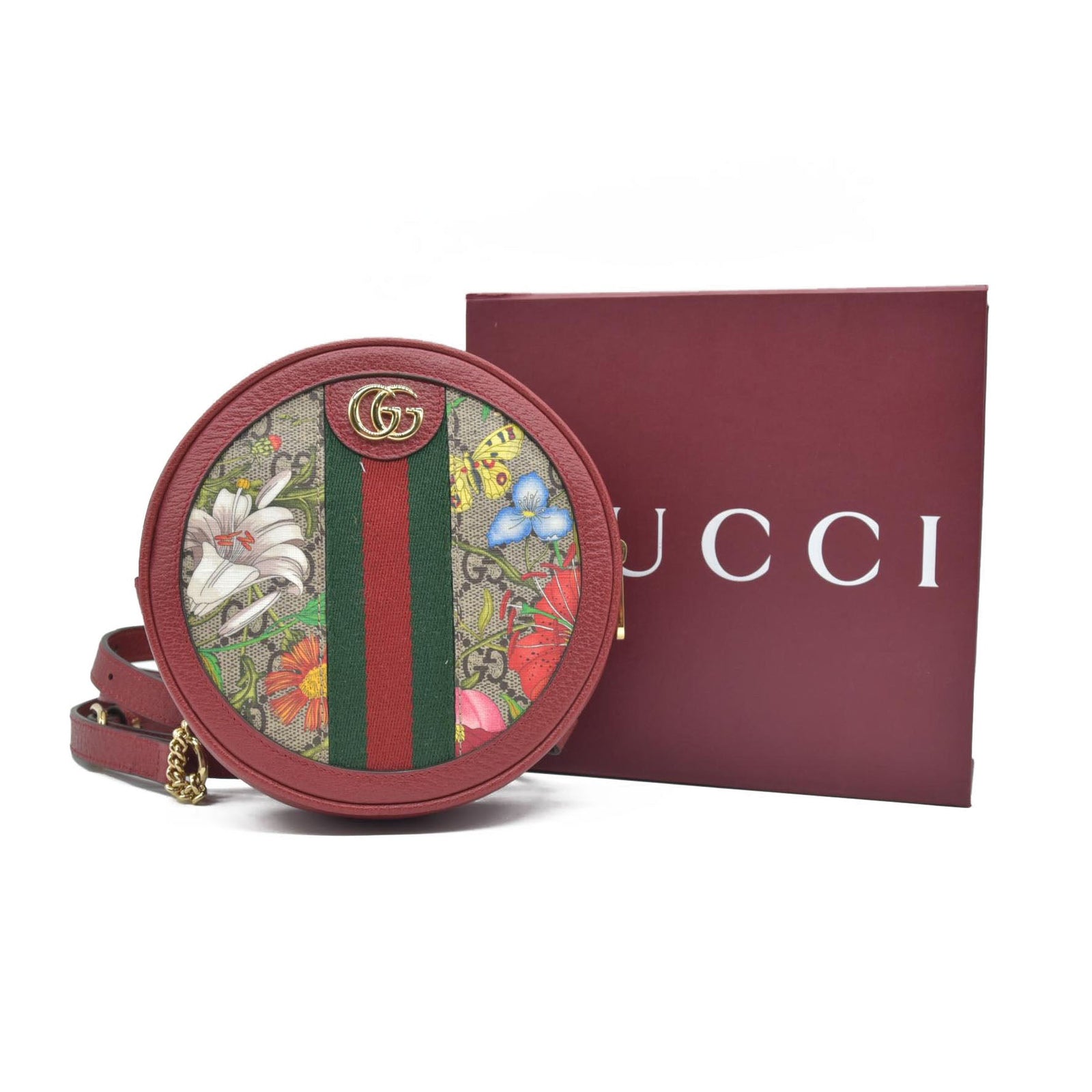 $1690 Gucci GG Supreme Monogram Web Flora Mini Ophidia Round Backpack Red CONSIGNMENT