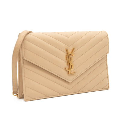 SAINT LAURENT Grain De Poudre Matelasse Chevron Monogram Envelope Chain Wallet Beige