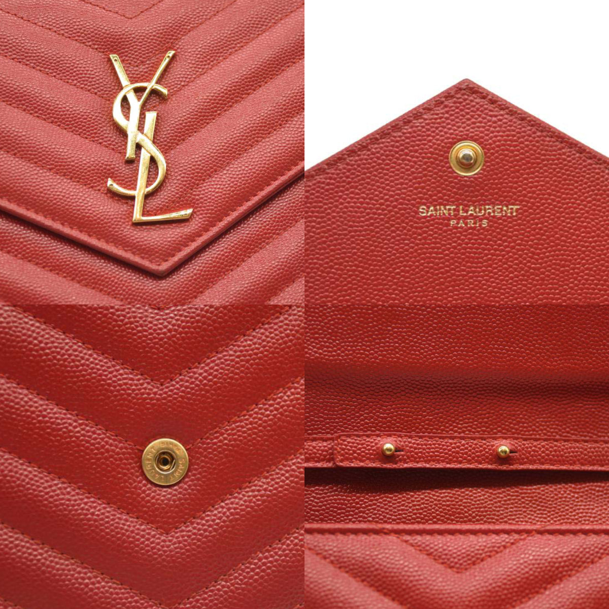 Saint Laurent Grain De Poudre Matelasse Chevron Monogram Chain Wallet Red