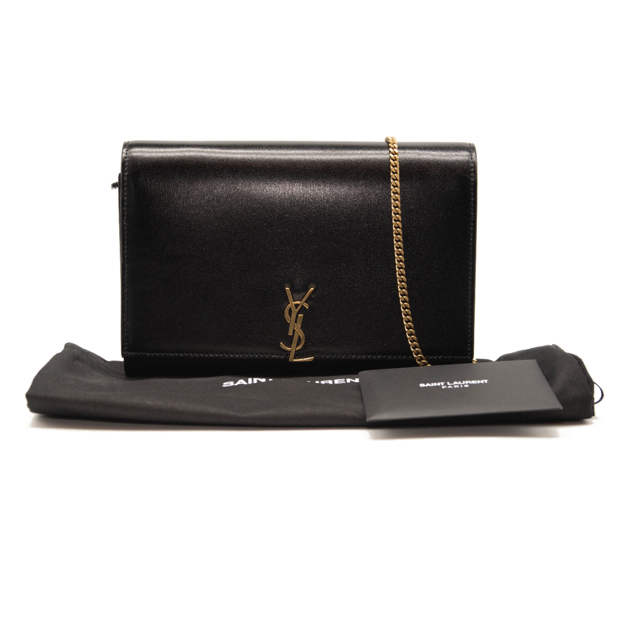 NEW Saint Laurent Le Monogram YSL Glossy Wallet on Crossbody Chain Black Gold