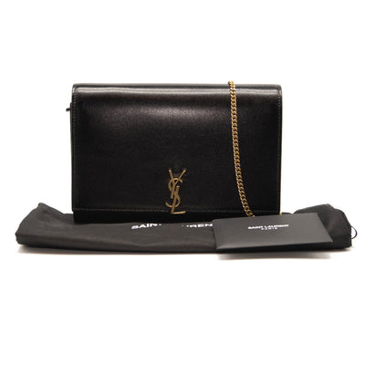 NEW Saint Laurent Le Monogram YSL Glossy Wallet on Crossbody Chain Black Gold