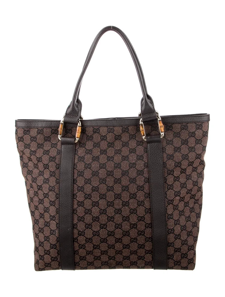 $1450 GUCCI GG Canvas Bamboo Ring Handle Tote Bag Brown CONSIGNMENT 10021346