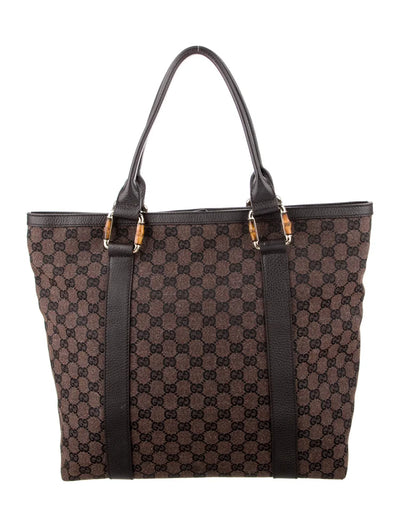 $1450 GUCCI GG Canvas Bamboo Ring Handle Tote Bag Brown CONSIGNMENT 10021346