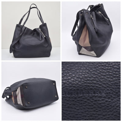$1050 BURBERRY Grained Calfskin House Check Medium Ashby Hobo Bag Black CONSIGNMENT 10021513