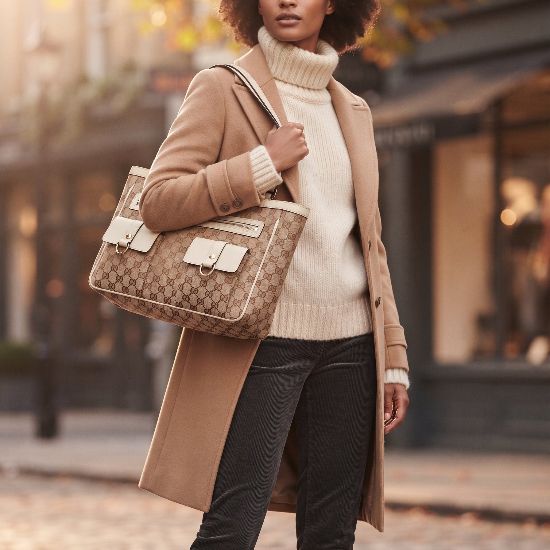 $1050 Gucci Beige/White GG Canvas Abbey Pocket Tote Bag