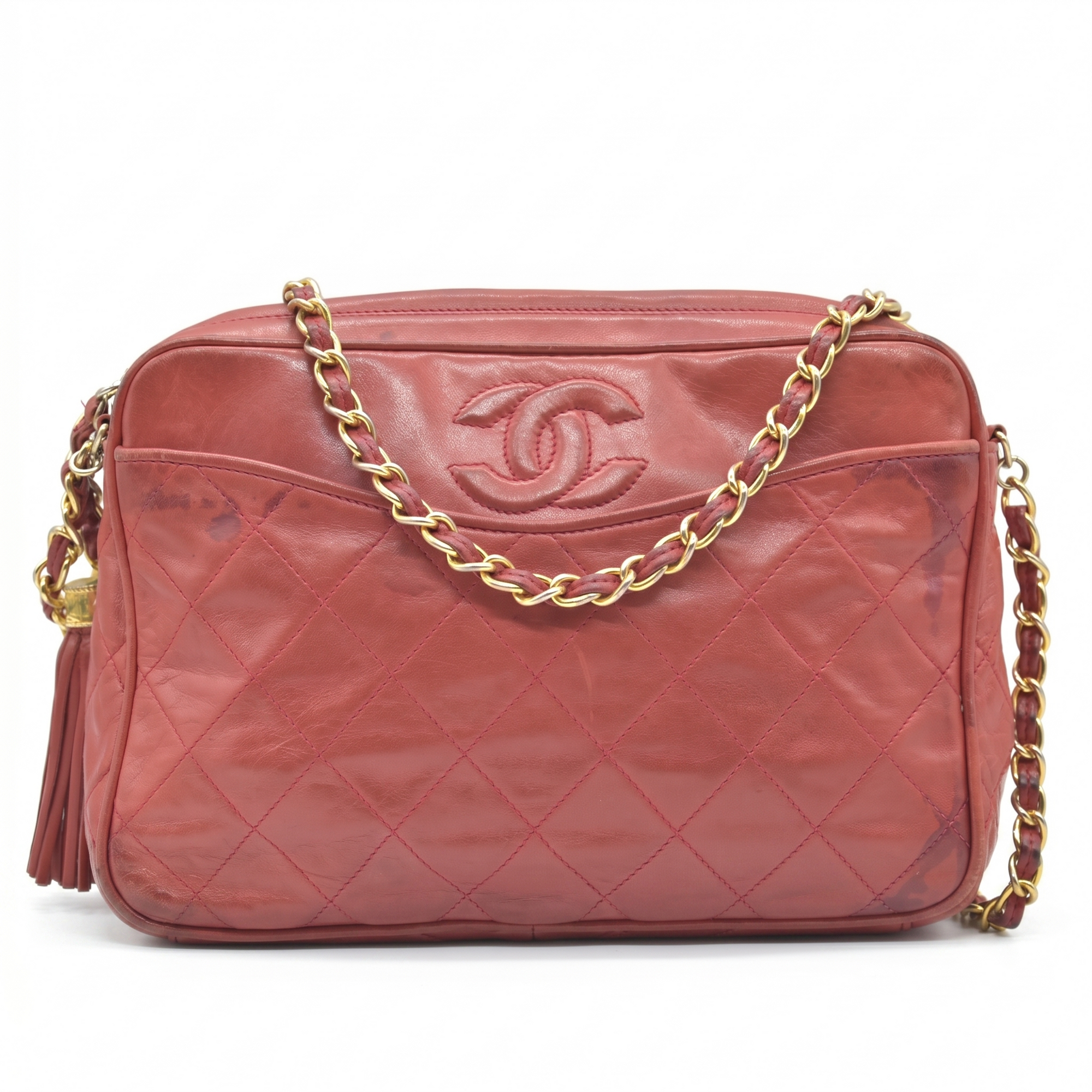 $3850 1986-1988 Chanel Red Lambskin Tassel CC Fringe Camera Bag