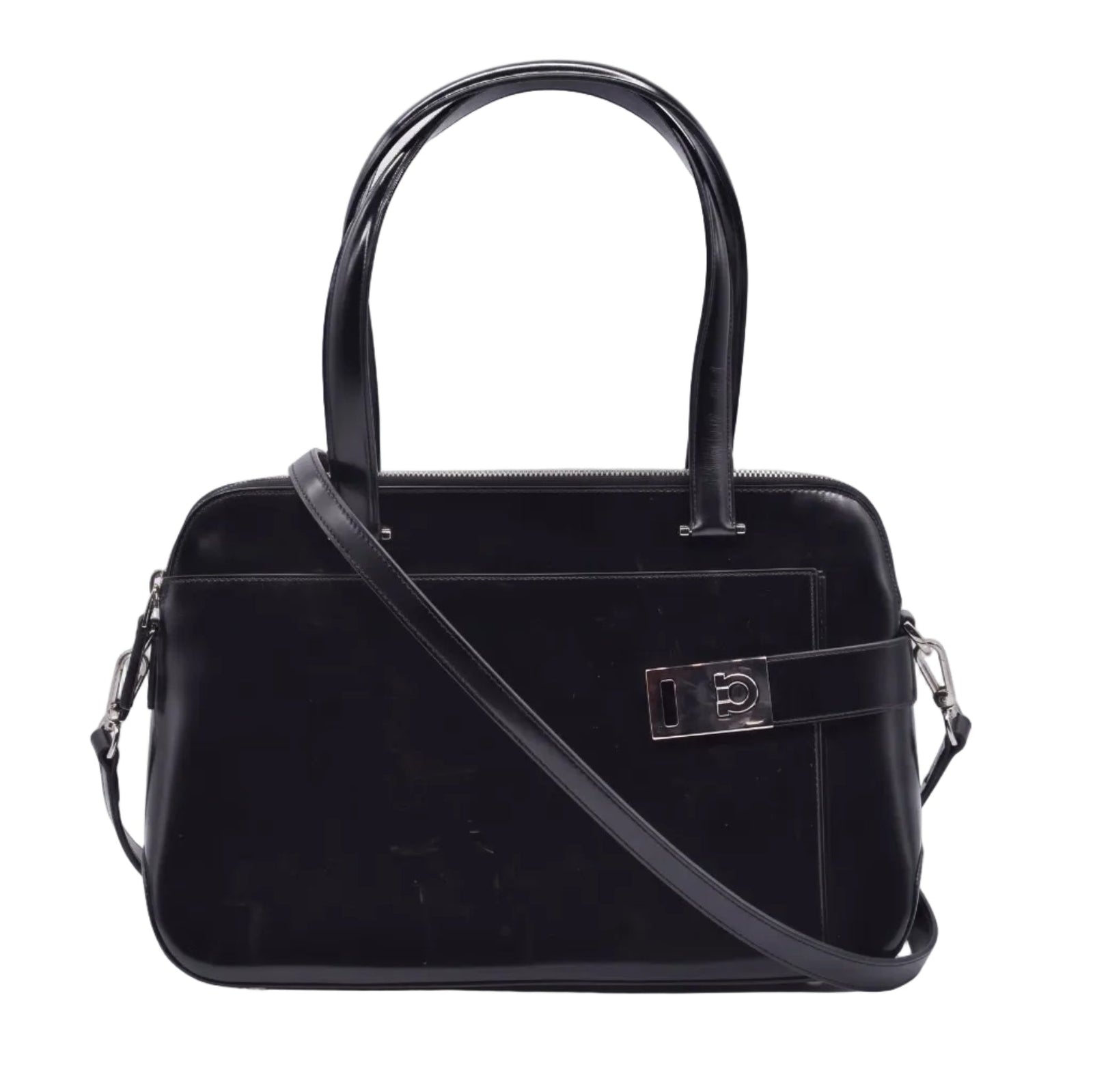 $1150 Salvatore Ferragamo Gancini Shoulder Bag Black CONSIGNMENT 10021180