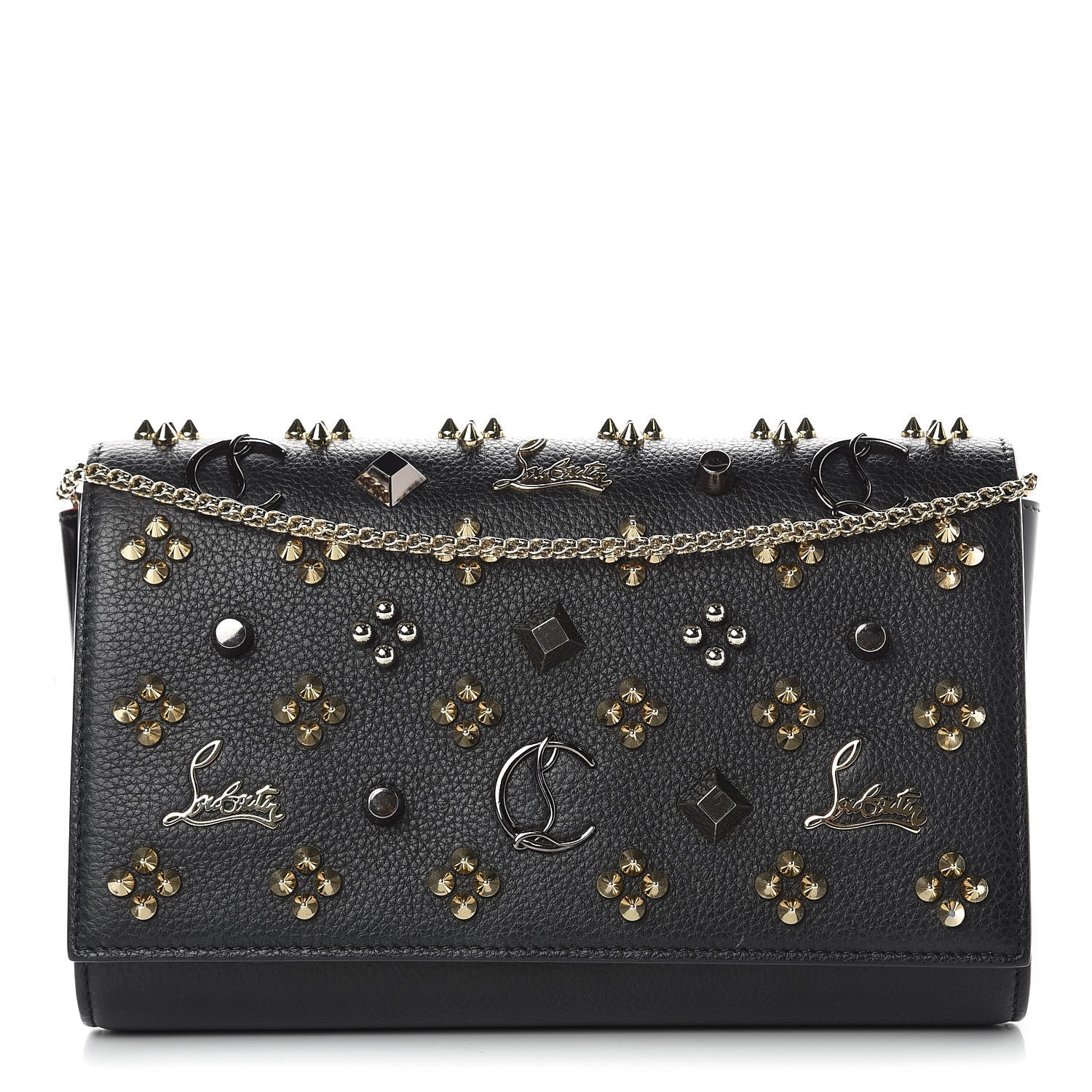 $1450 Christian Louboutin Grained Calfskin Spikes Loubinthesky Paloma Wallet On Chain Black Multimetal