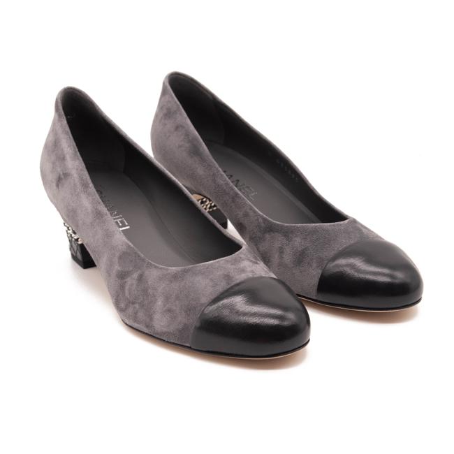 Chanel Grey Black 20c Calfskin Suede Cc Logo Chain Metal Pumps