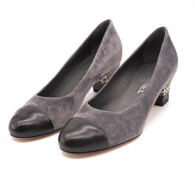 Chanel Grey Black 20c Calfskin Suede Cc Logo Chain Metal Pumps