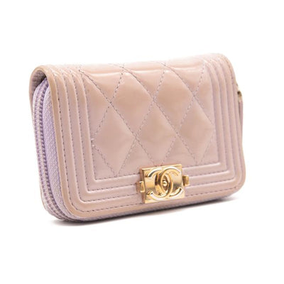 Chanel Purple Boy Patent Leather Quilted Zip Around Card Holder Lilac Wallet