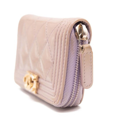 Chanel Purple Boy Patent Leather Quilted Zip Around Card Holder Lilac Wallet