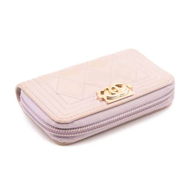 Chanel Purple Boy Patent Leather Quilted Zip Around Card Holder Lilac Wallet