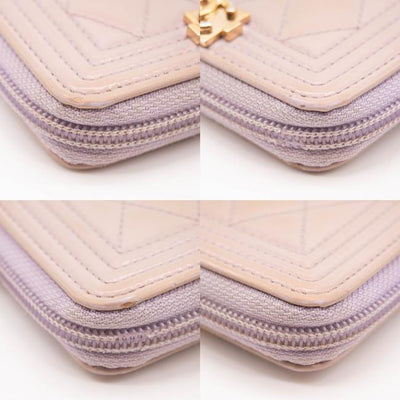 Chanel Purple Boy Patent Leather Quilted Zip Around Card Holder Lilac Wallet