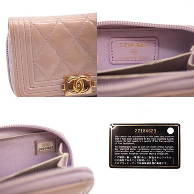 Chanel Purple Boy Patent Leather Quilted Zip Around Card Holder Lilac Wallet