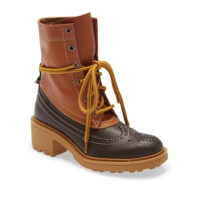 NEW Chloe Brown Leather Franne Luminous Ochre Wing Tip Lug Sole Hiking Boots 38