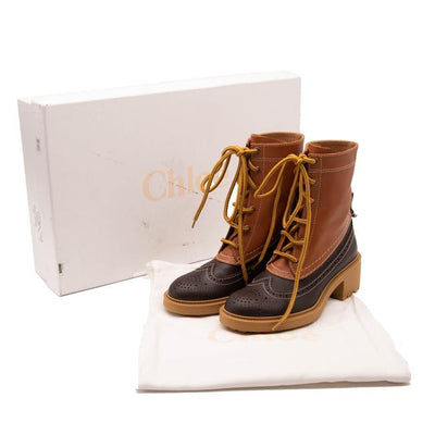 NEW Chloe Brown Leather Franne Luminous Ochre Wing Tip Lug Sole Hiking Boots 38