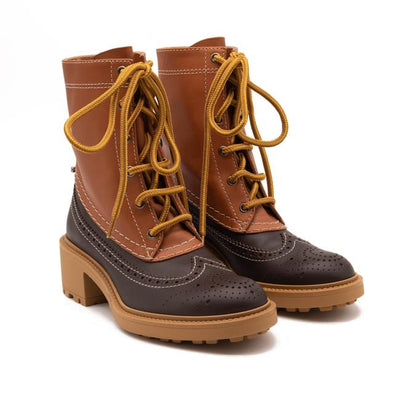 NEW Chloe Brown Leather Franne Luminous Ochre Wing Tip Lug Sole Hiking Boots 38