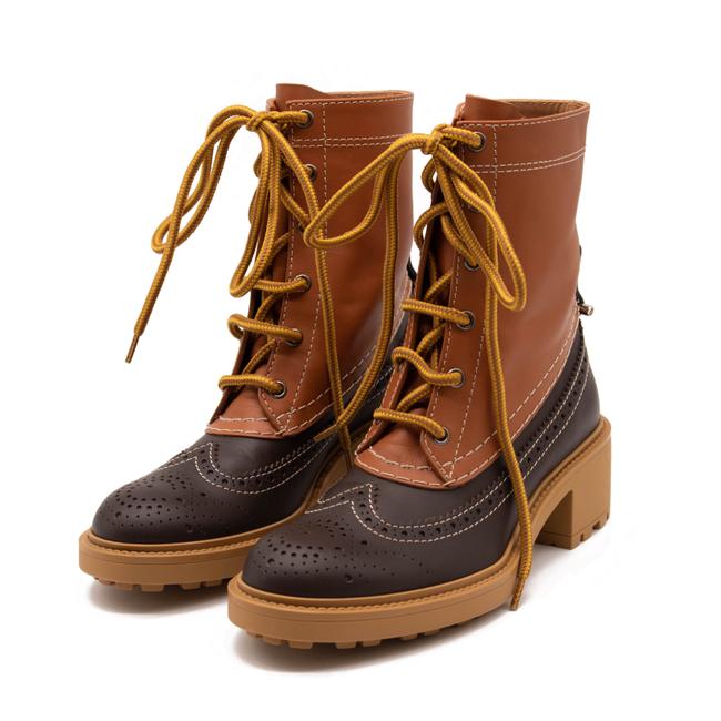 NEW Chloe Brown Leather Franne Luminous Ochre Wing Tip Lug Sole Hiking Boots 38