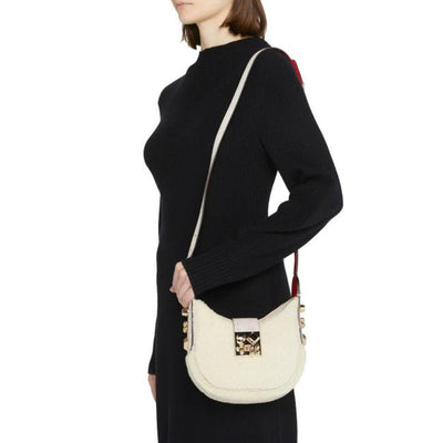 NEW Christian Louboutin Carasky Mini Studded White Shearling Wool Shoulder Bag