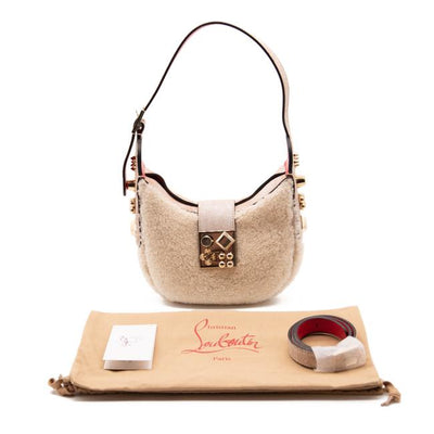 NEW Christian Louboutin Carasky Mini Studded White Shearling Wool Shoulder Bag